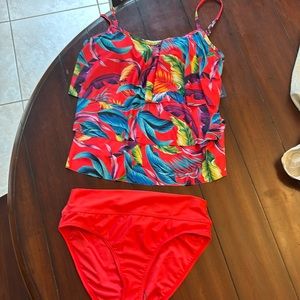 Size 10 new with tag, palm print tankini, ruffle top
